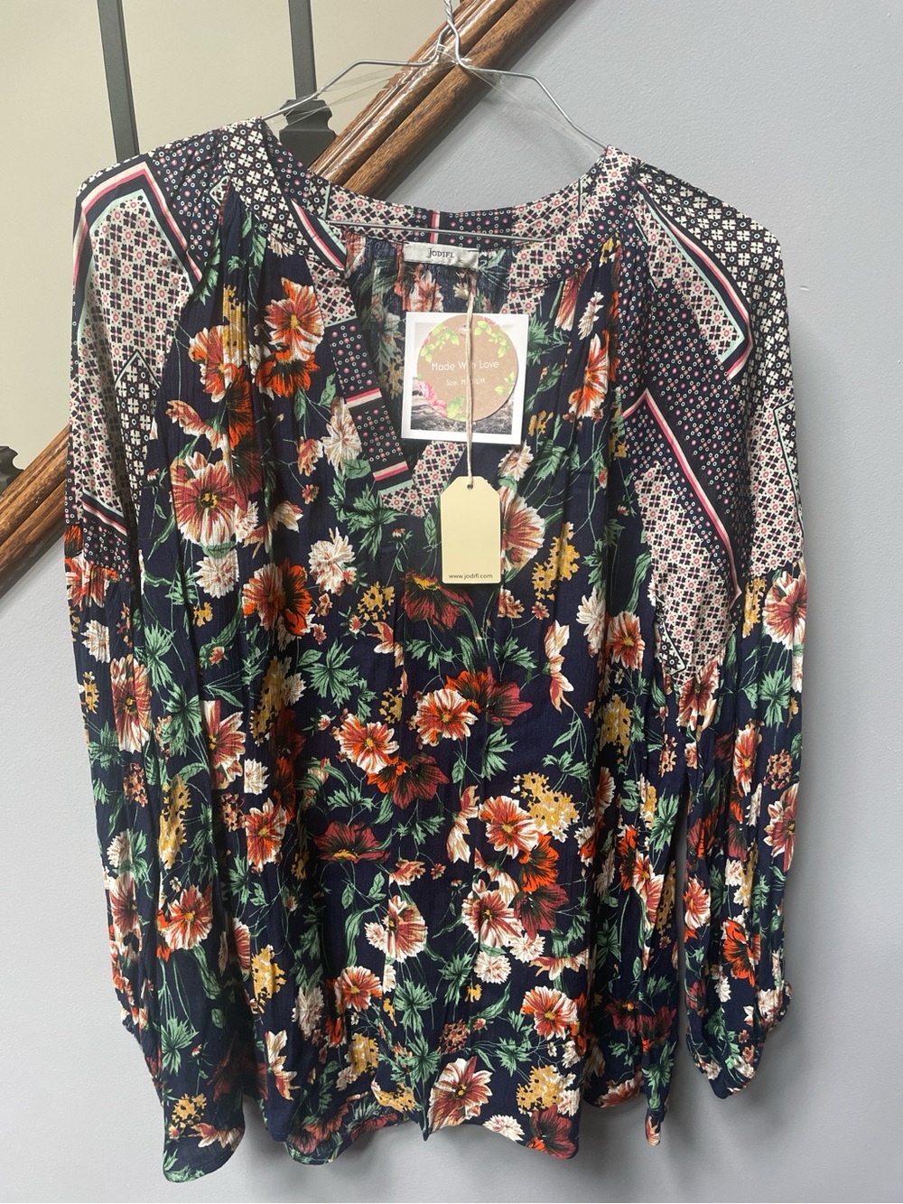 JODIFL Navy Floral Bohemian Peasant Blouse with Orange & Cream Flowers